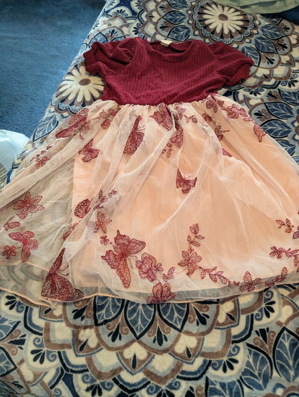 Girls' Burgundy Top Pink Tulle Butterfly Formal Dress